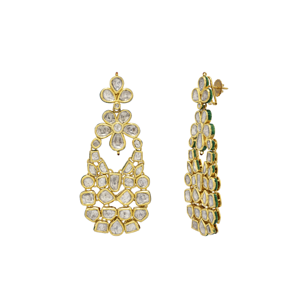 Floral Cascade Earrings with Polki & Gold Detailing